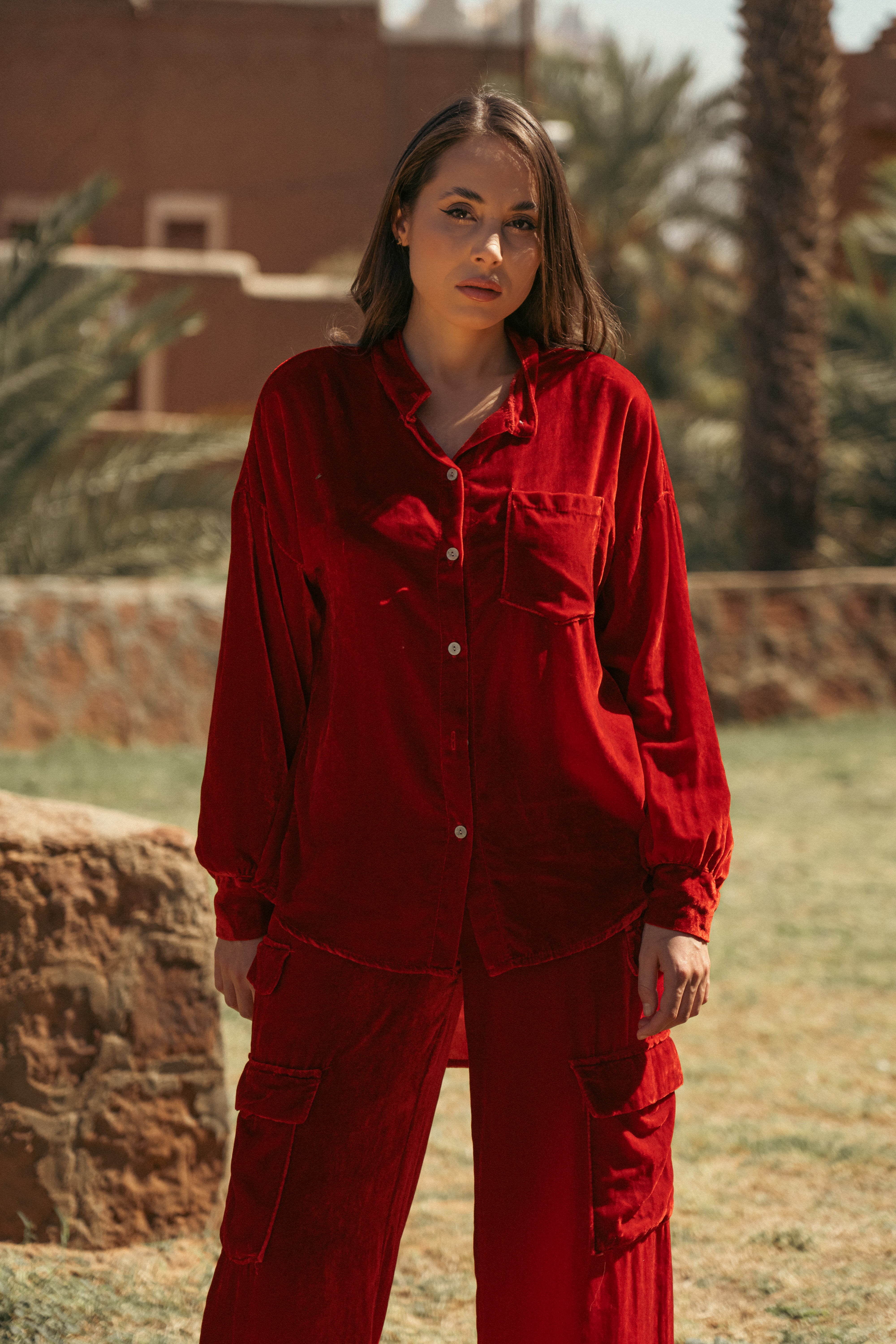 RED VELVET SHIRT SET WITH VELVET PANTS