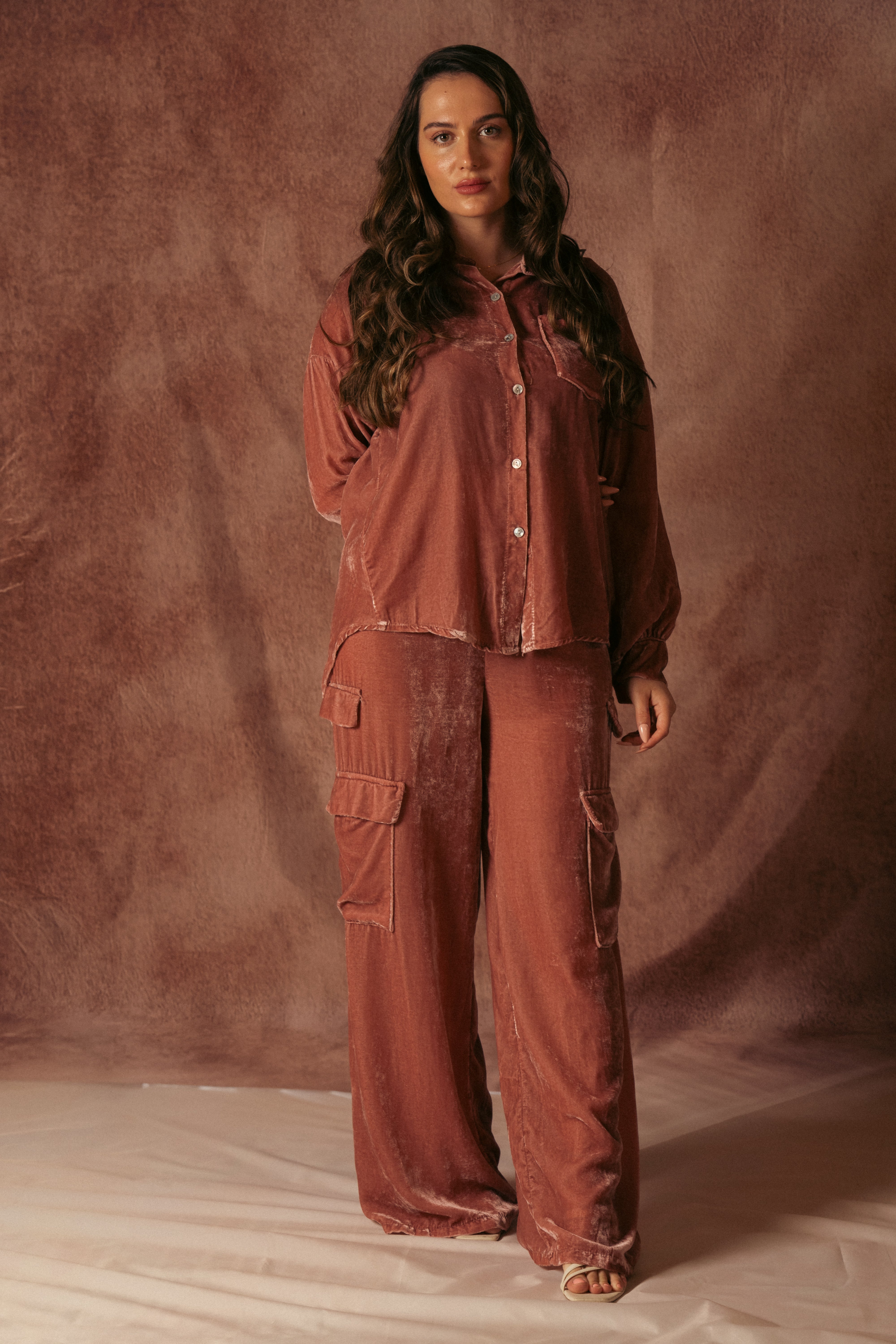 PINK VELVET SHIRT SET WITH VELVET PANTS