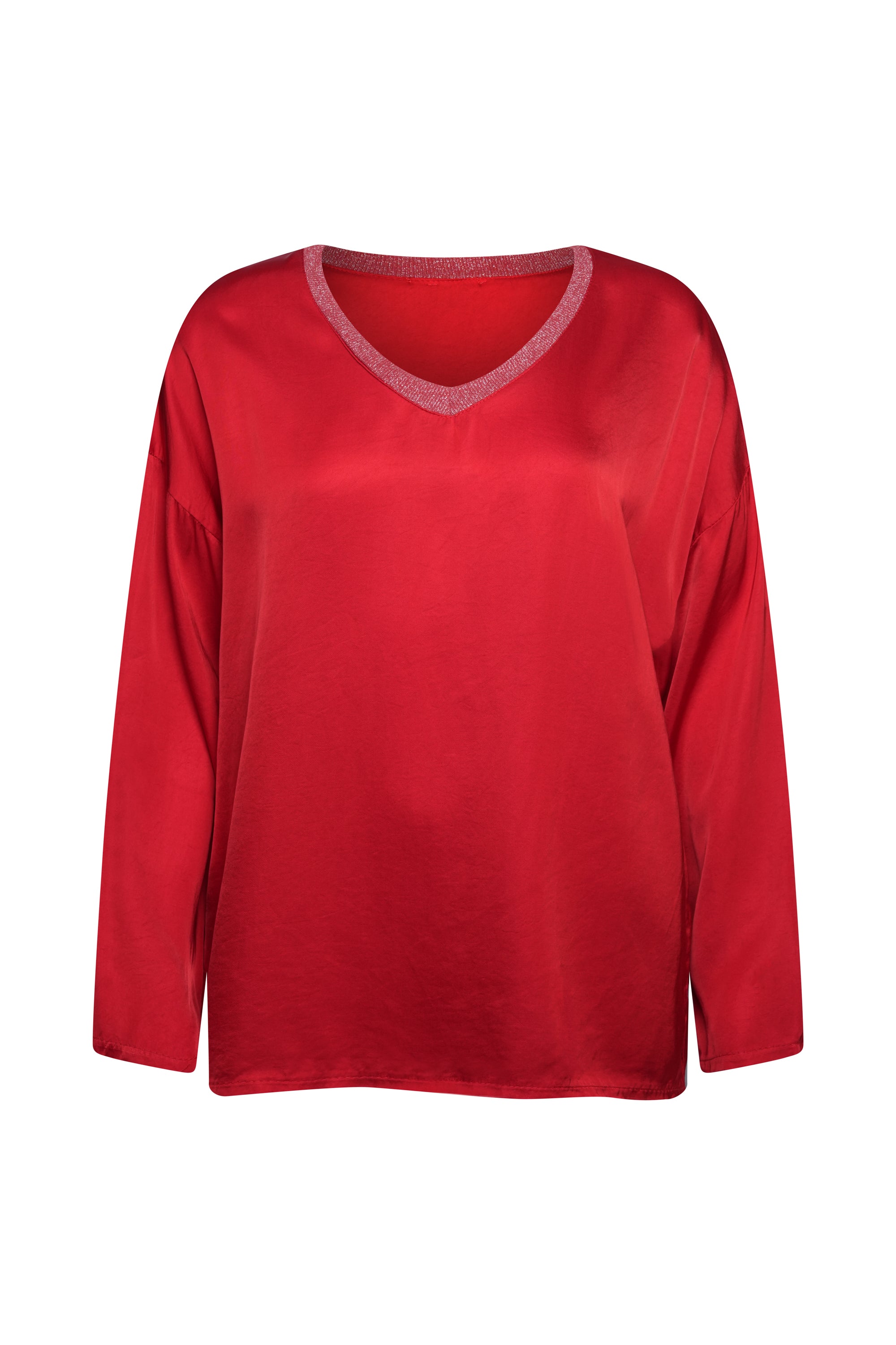 RED SILK TOP LONG SLEEVES WITH COTTON NECK TRIM