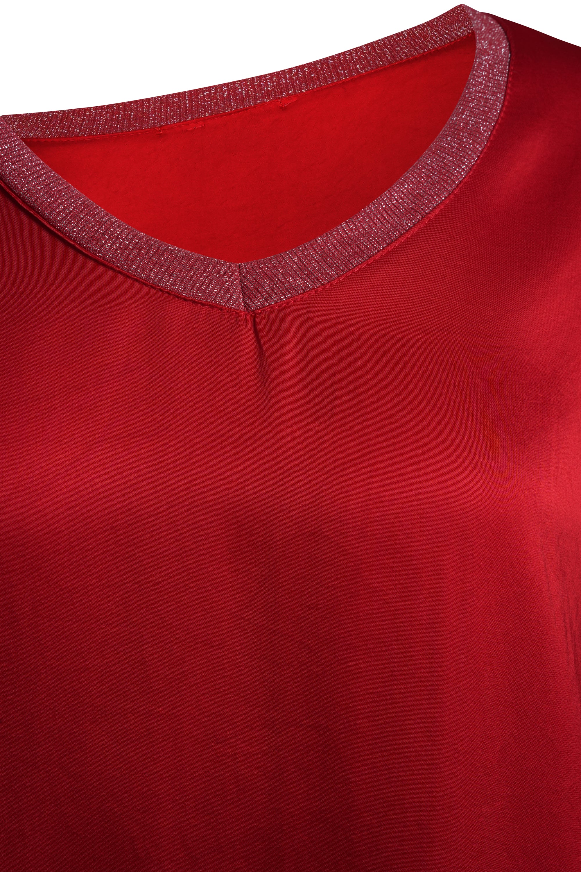 RED SILK TOP LONG SLEEVES WITH COTTON NECK TRIM