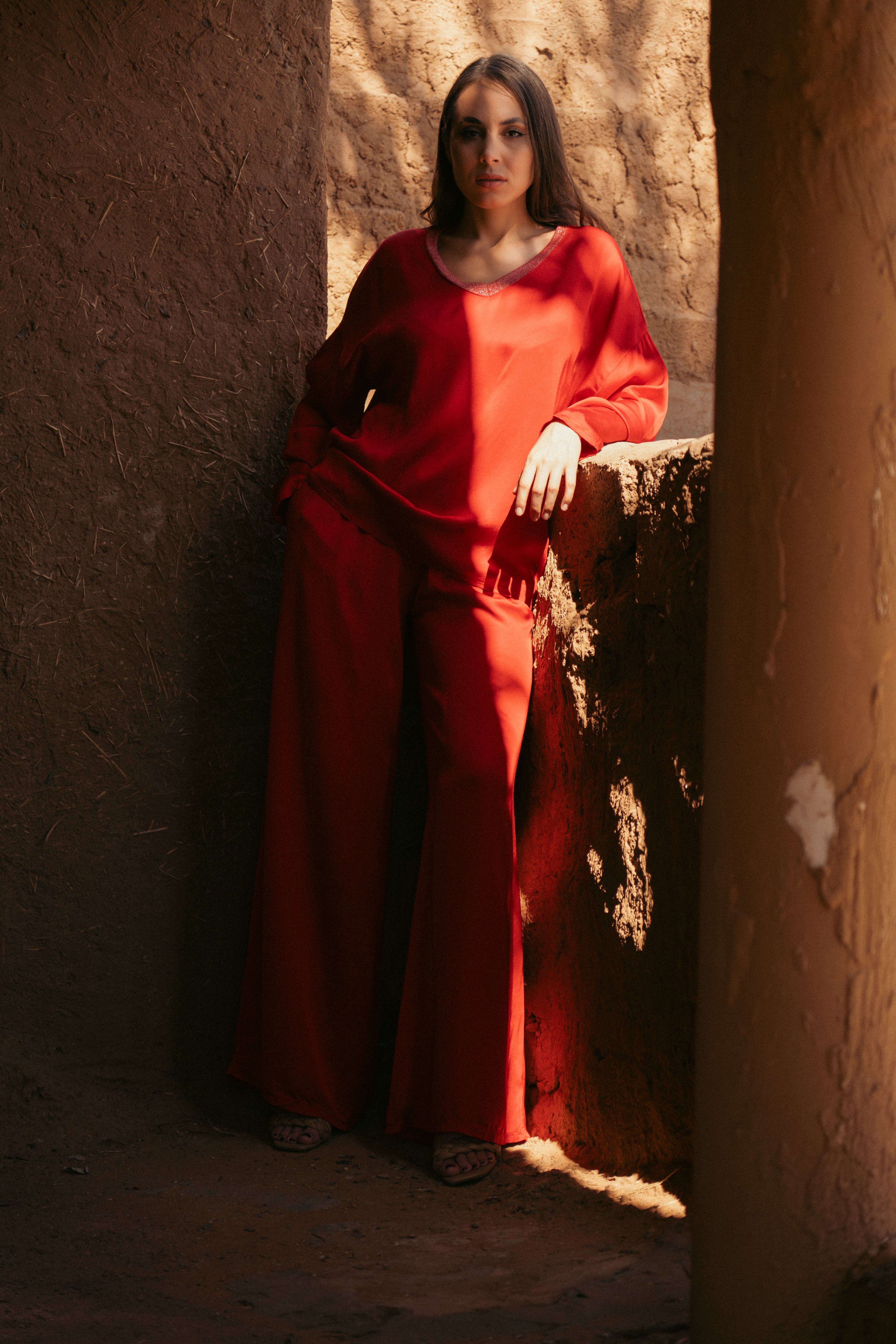 RED SILK TOP LONG SLEEVES WITH COTTON NECK TRIM