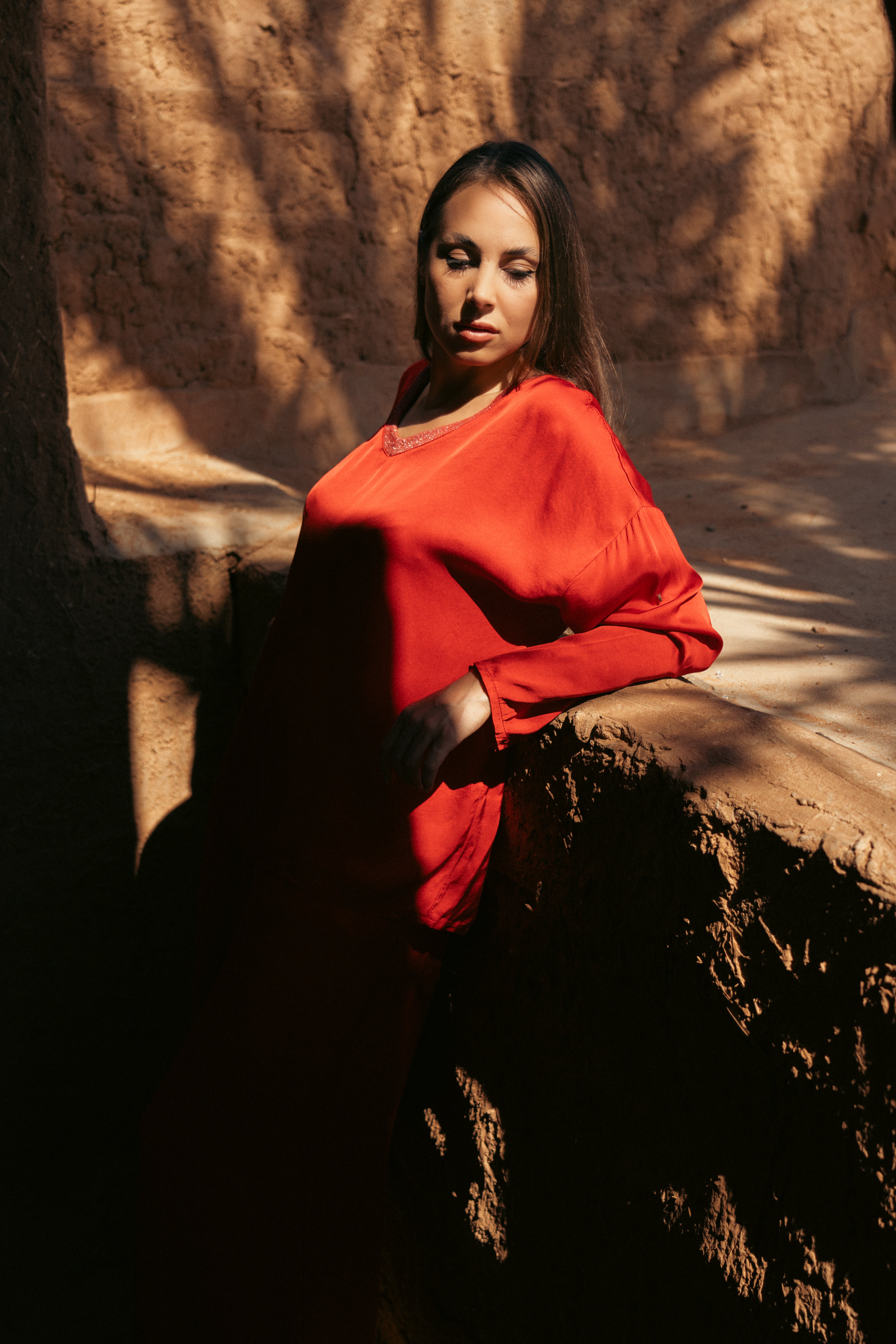 RED SILK TOP LONG SLEEVES WITH COTTON NECK TRIM