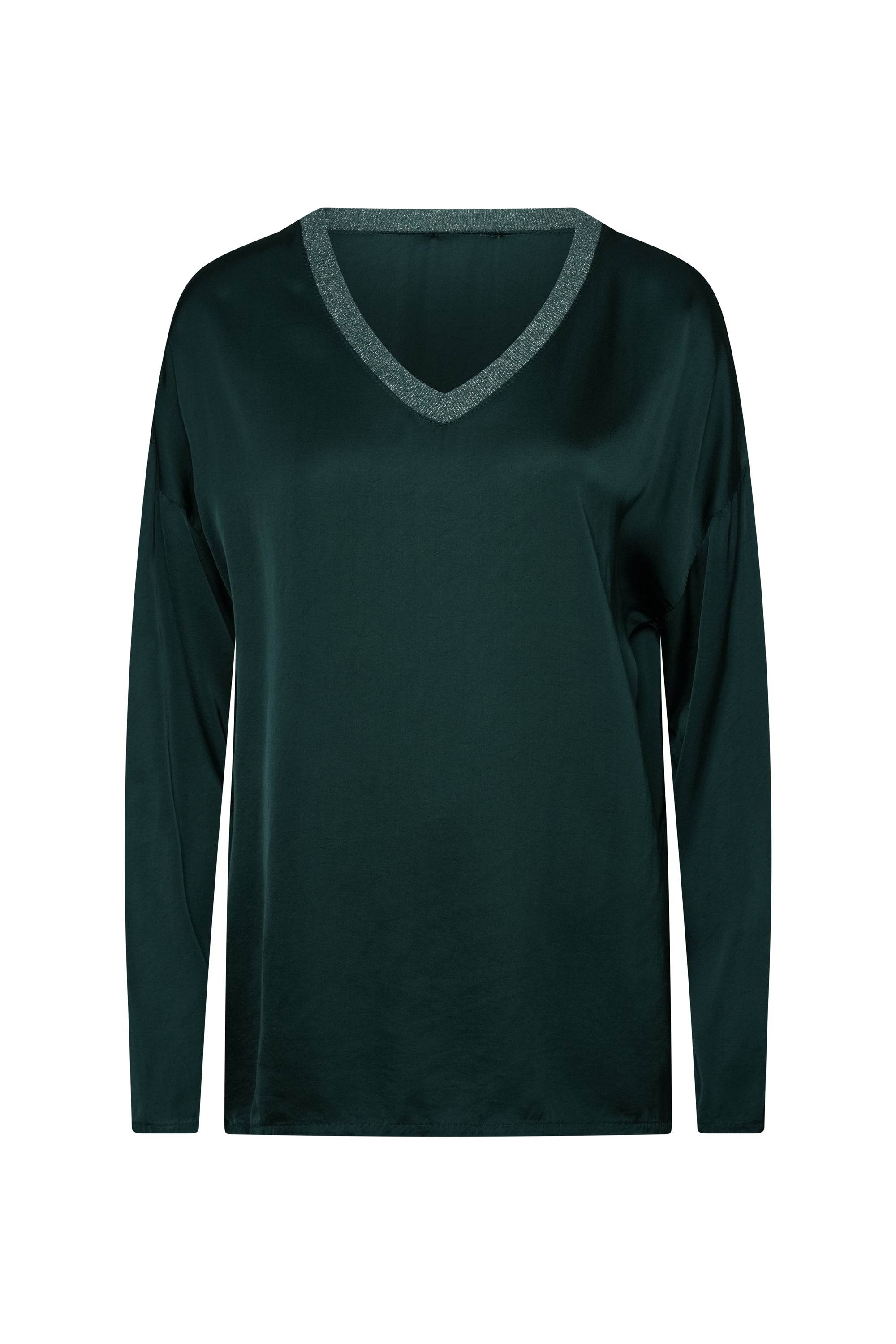 GREEN SILK TOP LONG SLEEVES WITH COTTON NECK TRIM