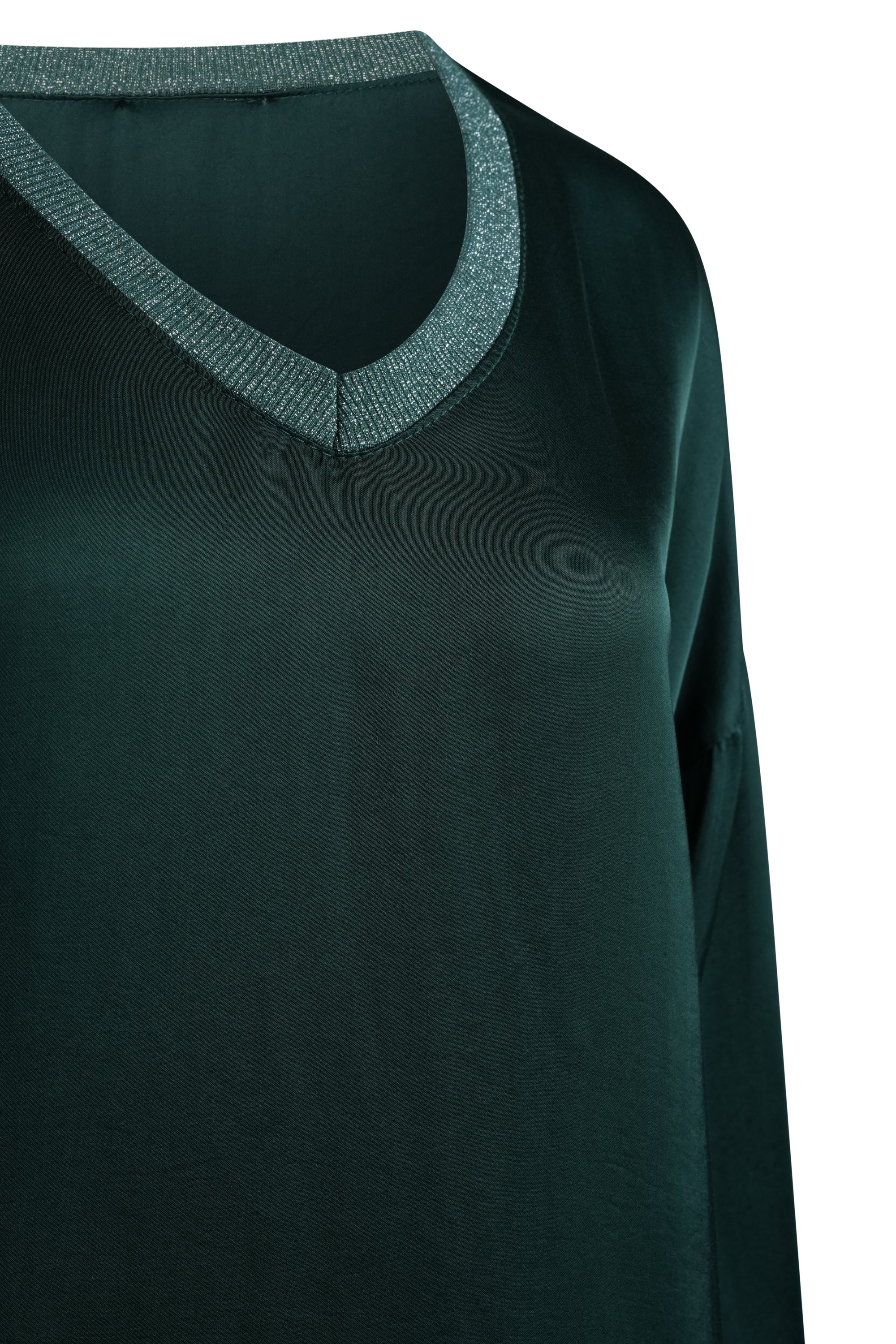 GREEN SILK TOP LONG SLEEVES WITH COTTON NECK TRIM