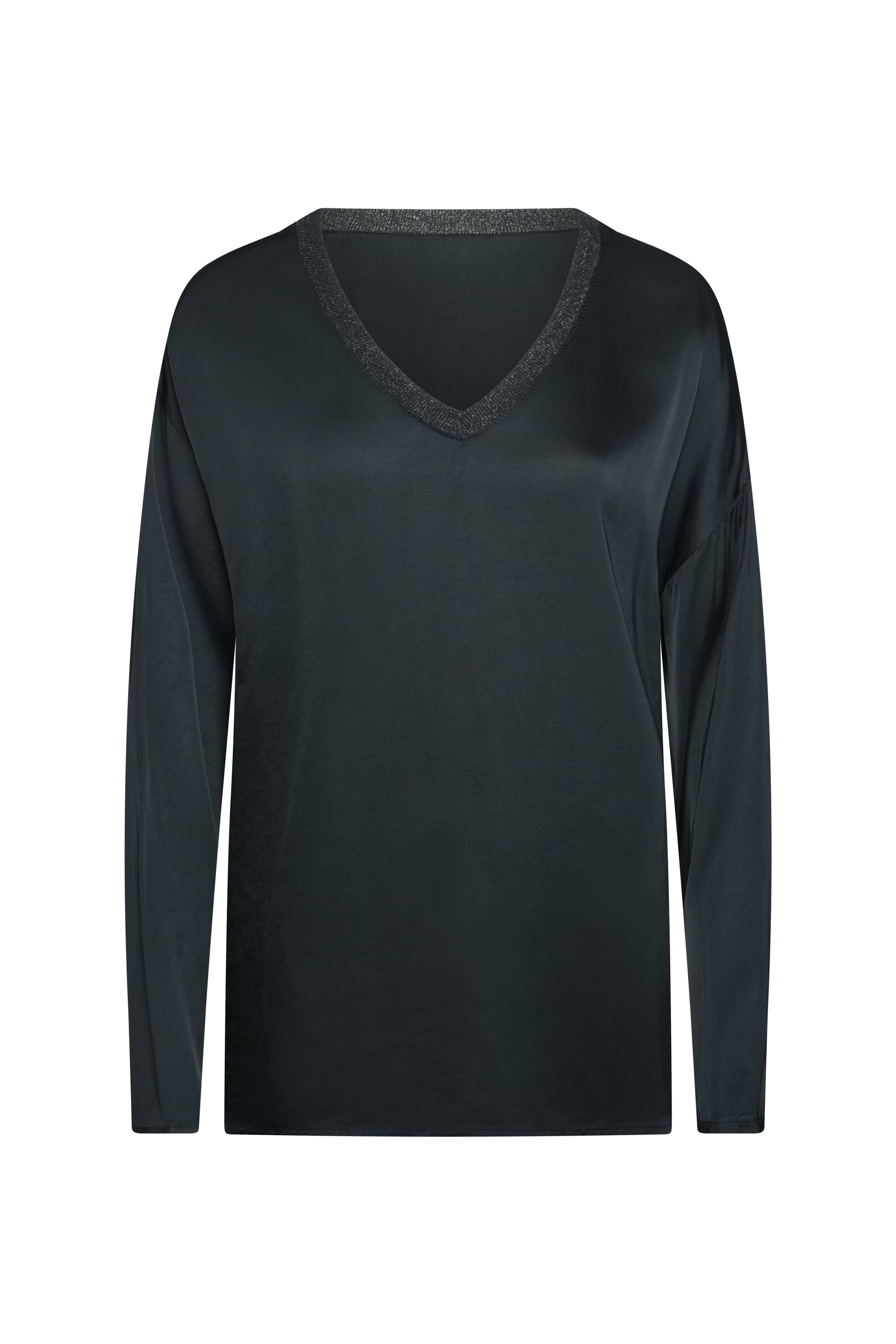 BLACK SILK TOP LONG SLEEVES WITH COTTON NECK TRIM