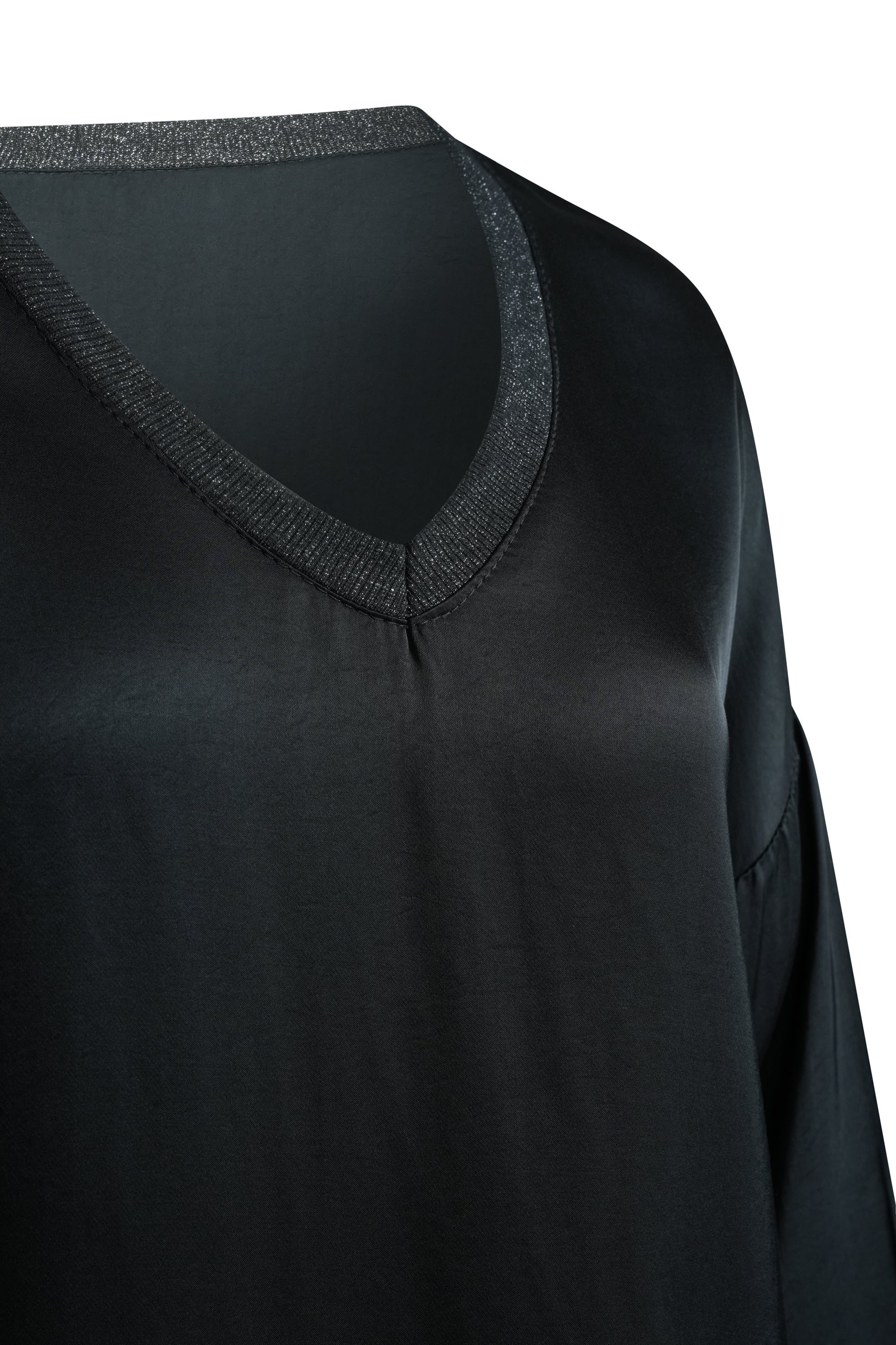 BLACK SILK TOP LONG SLEEVES WITH COTTON NECK TRIM