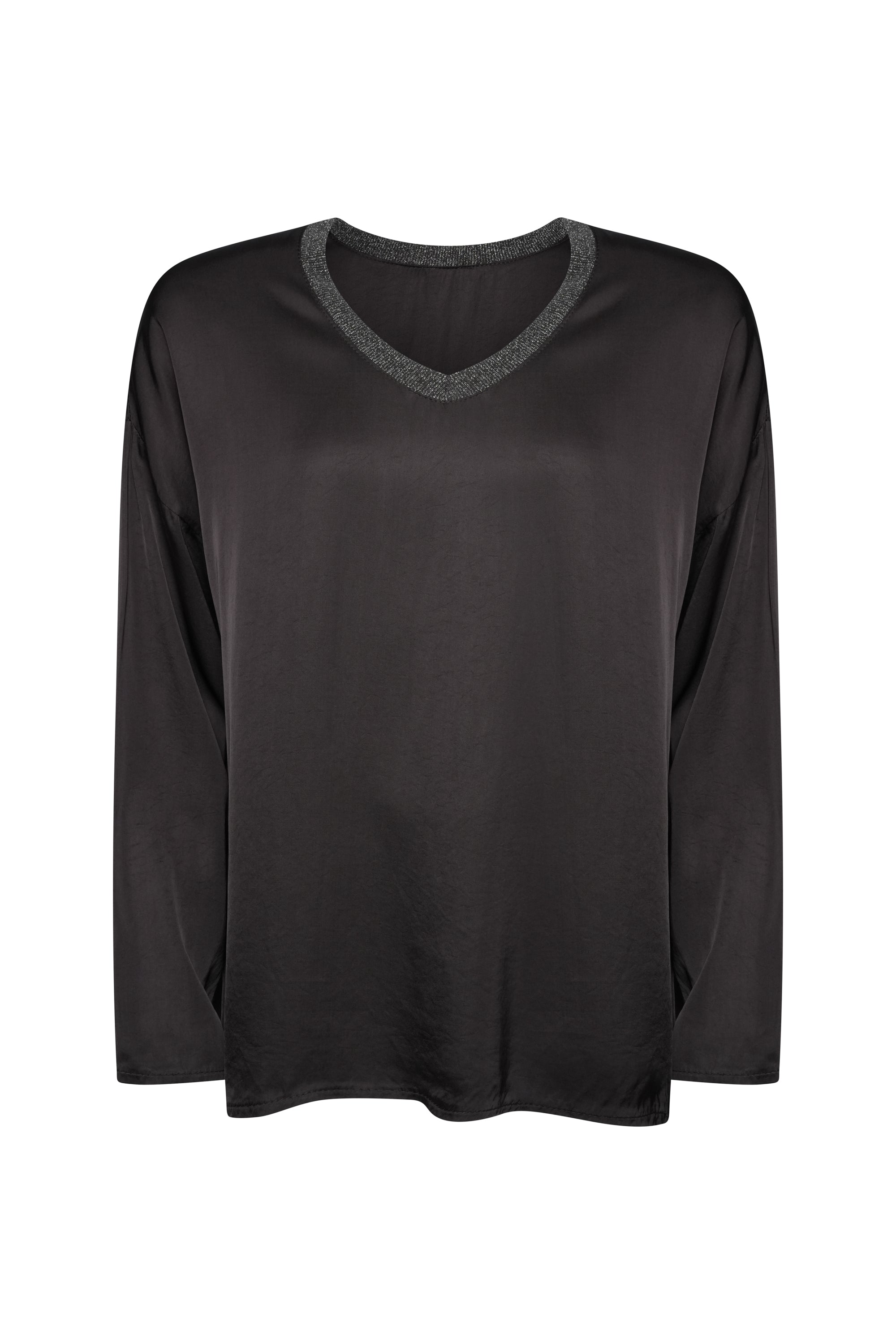 BROWN SILK TOP LONG SLEEVES WITH COTTON NECK TRIM