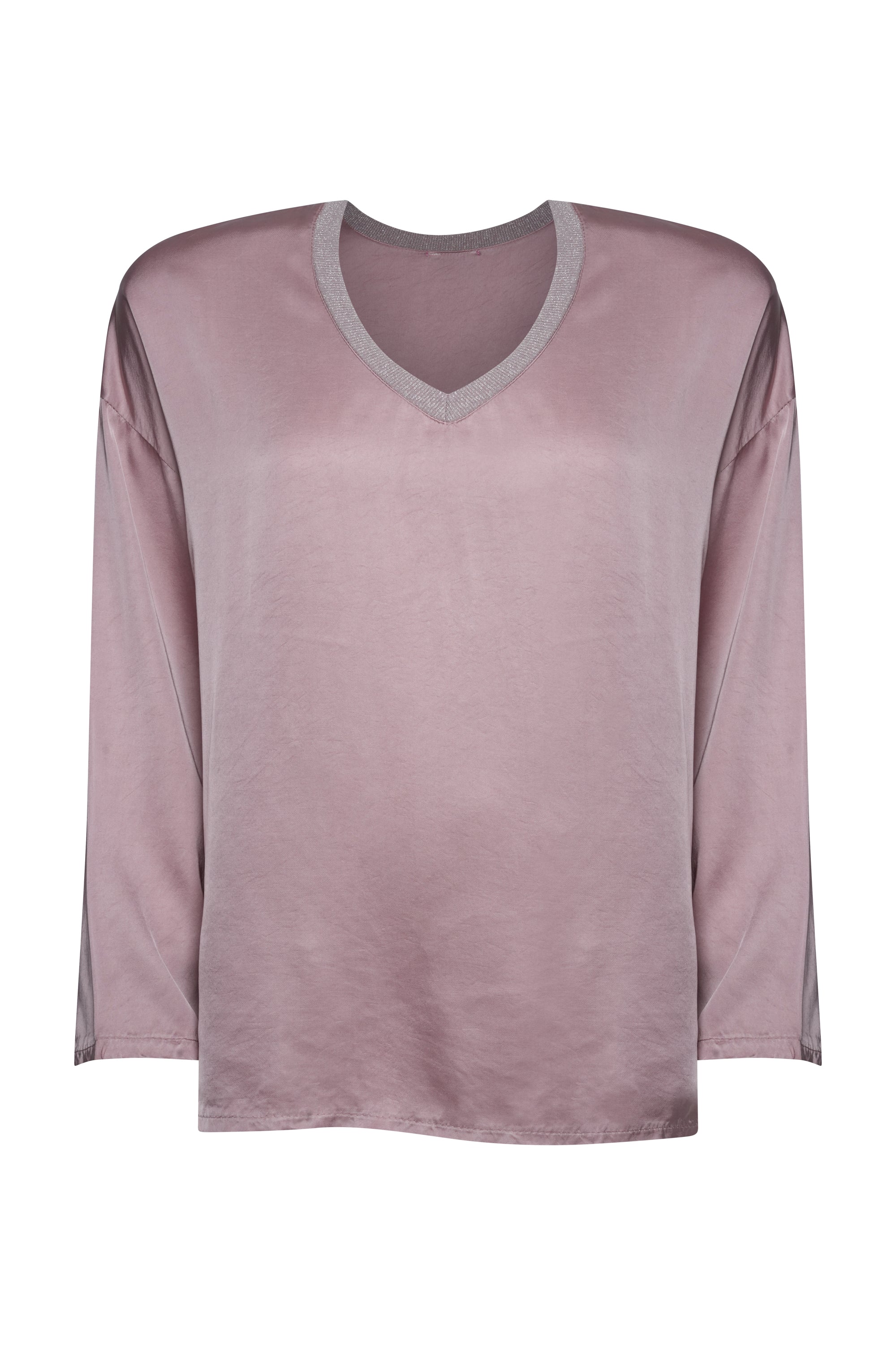 BLUSH SILK TOP LONG SLEEVES WITH COTTON NECK TRIM