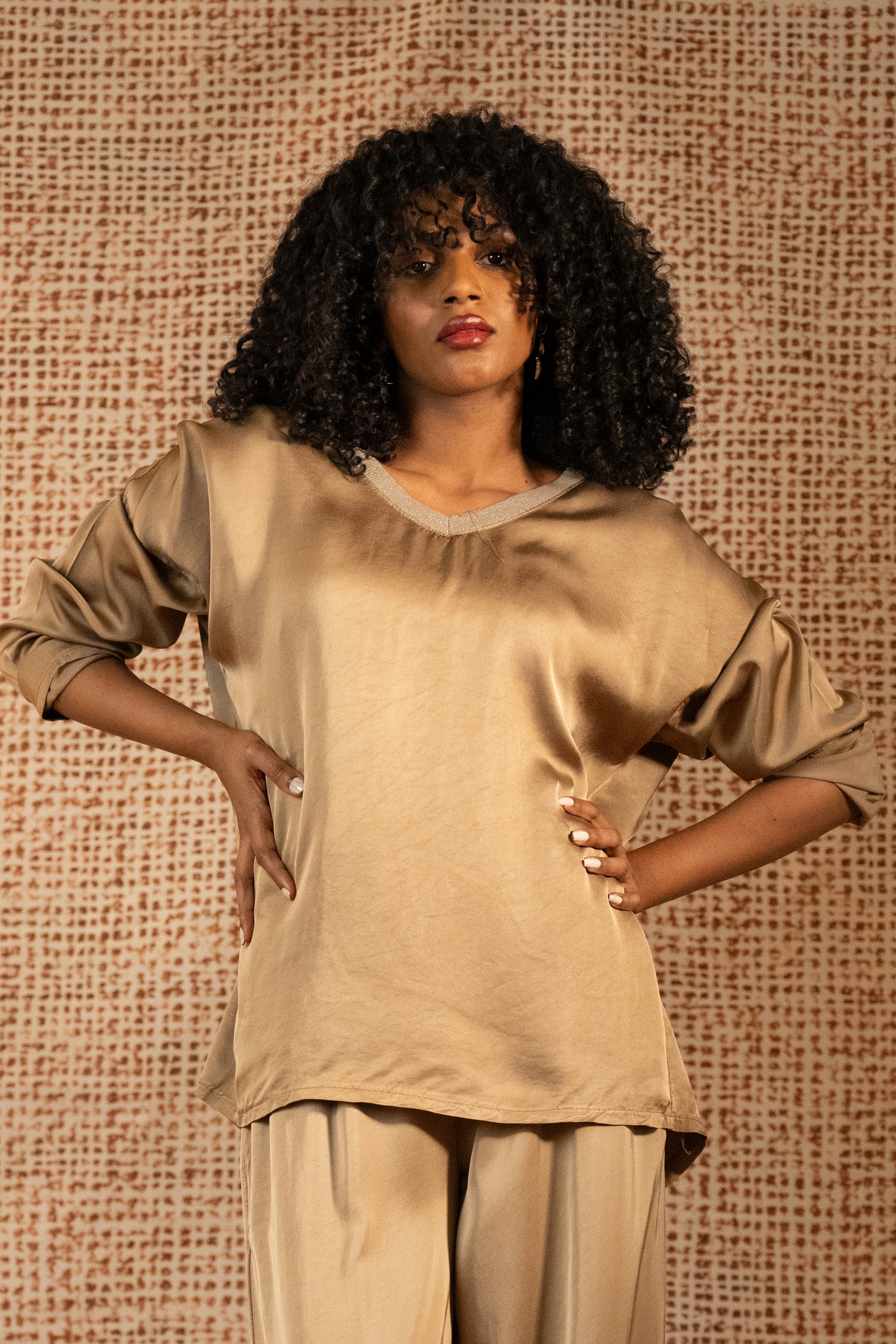 GOLD SILK TOP LONG SLEEVES WITH COTTON NECK TRIM