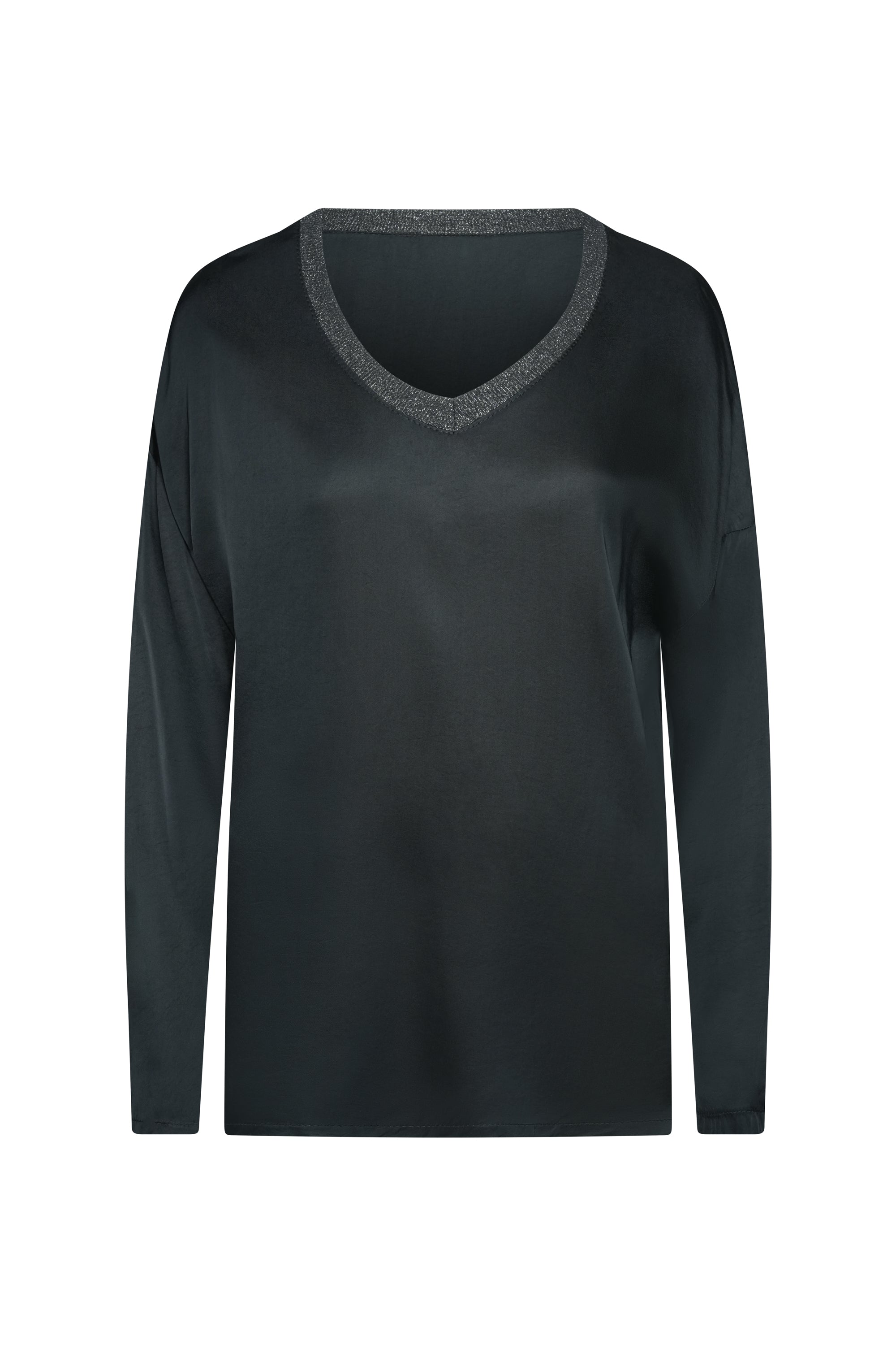 GRAY SILK TOP LONG SLEEVES WITH COTTON NECK TRIM