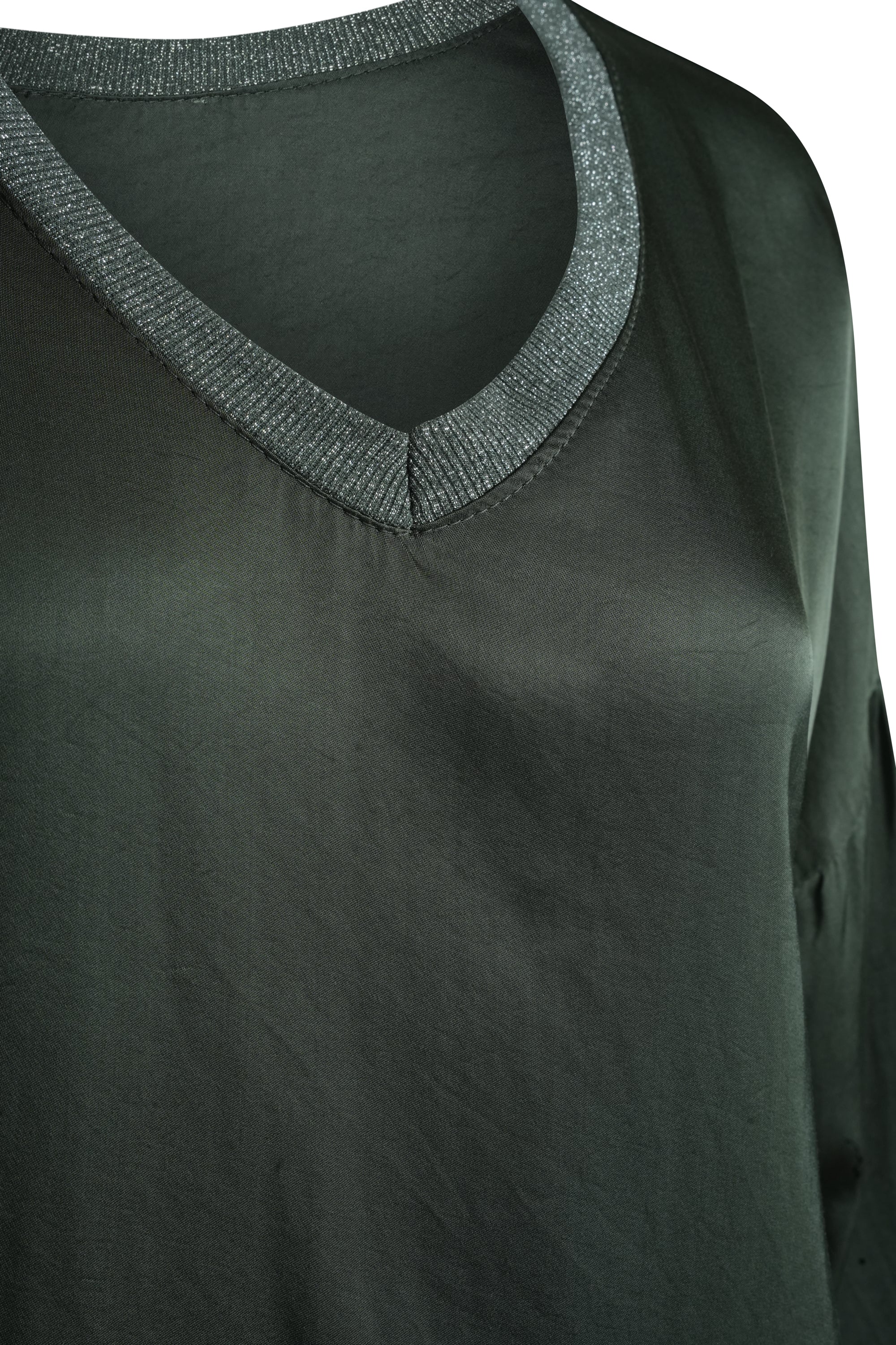 ARMY SILK TOP LONG SLEEVES WITH COTTON NECK TRIM