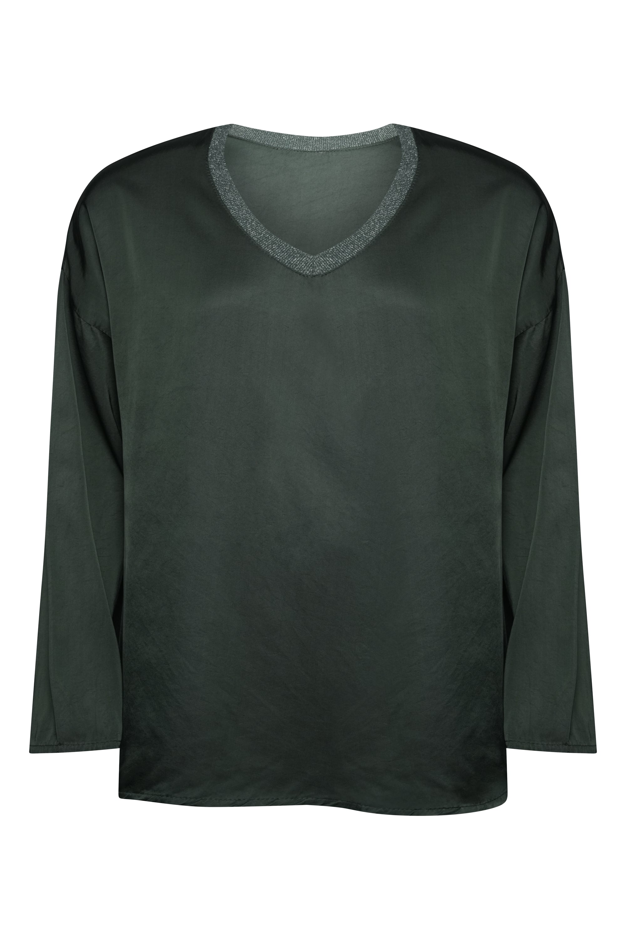 ARMY SILK TOP LONG SLEEVES WITH COTTON NECK TRIM