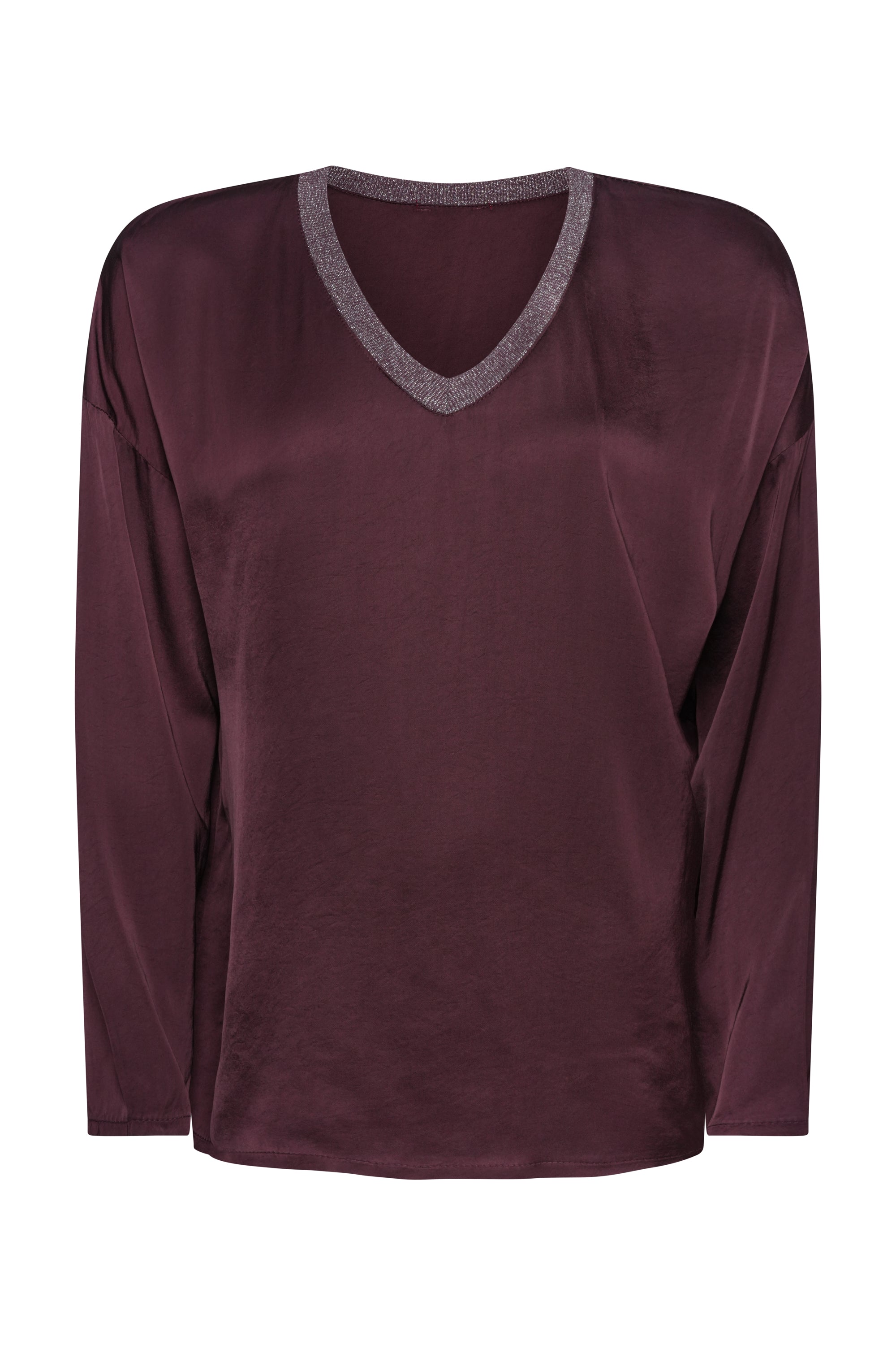 BURGUNDY SILK TOP LONG SLEEVES WITH COTTON NECK TRIM