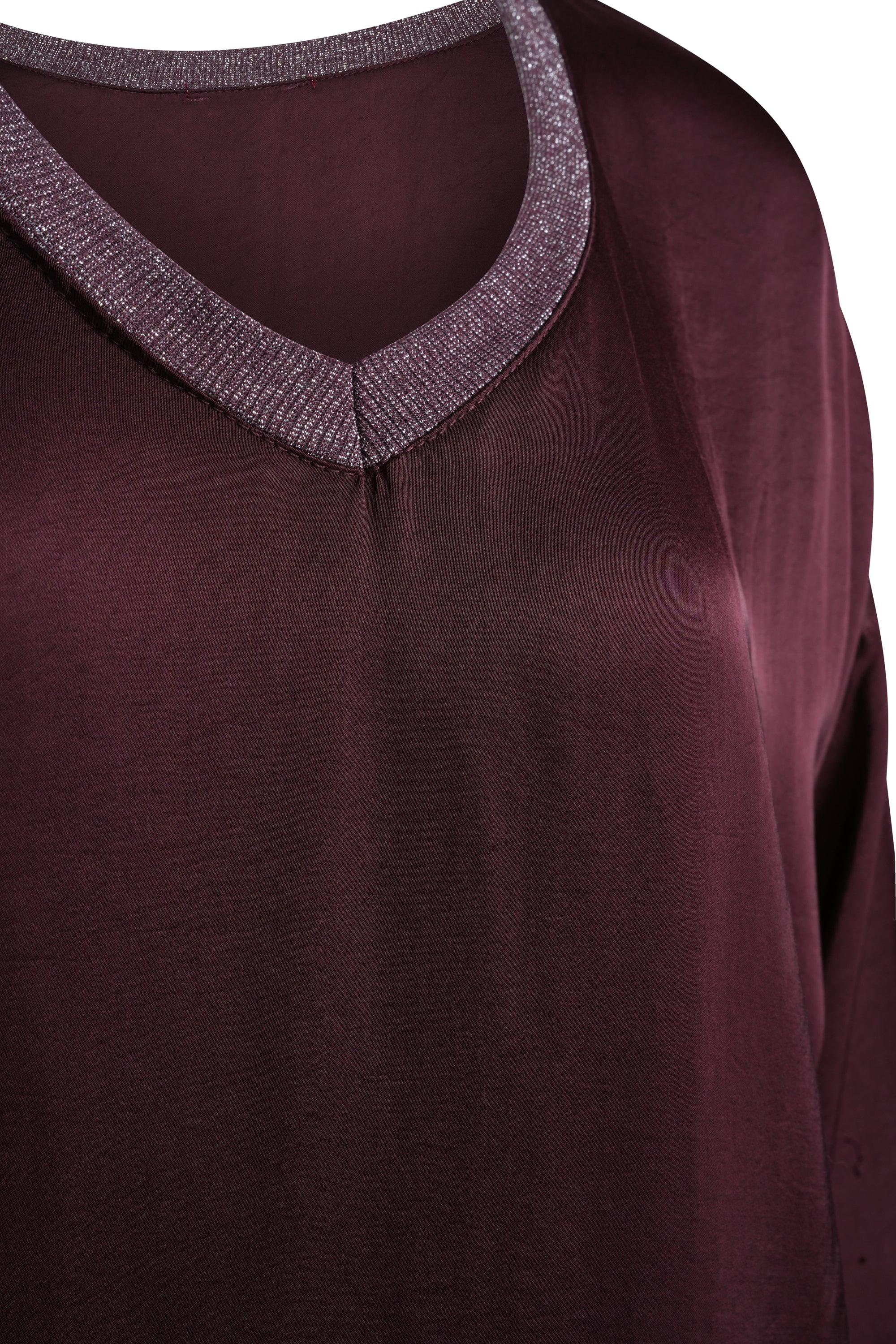 BURGUNDY SILK TOP LONG SLEEVES WITH COTTON NECK TRIM