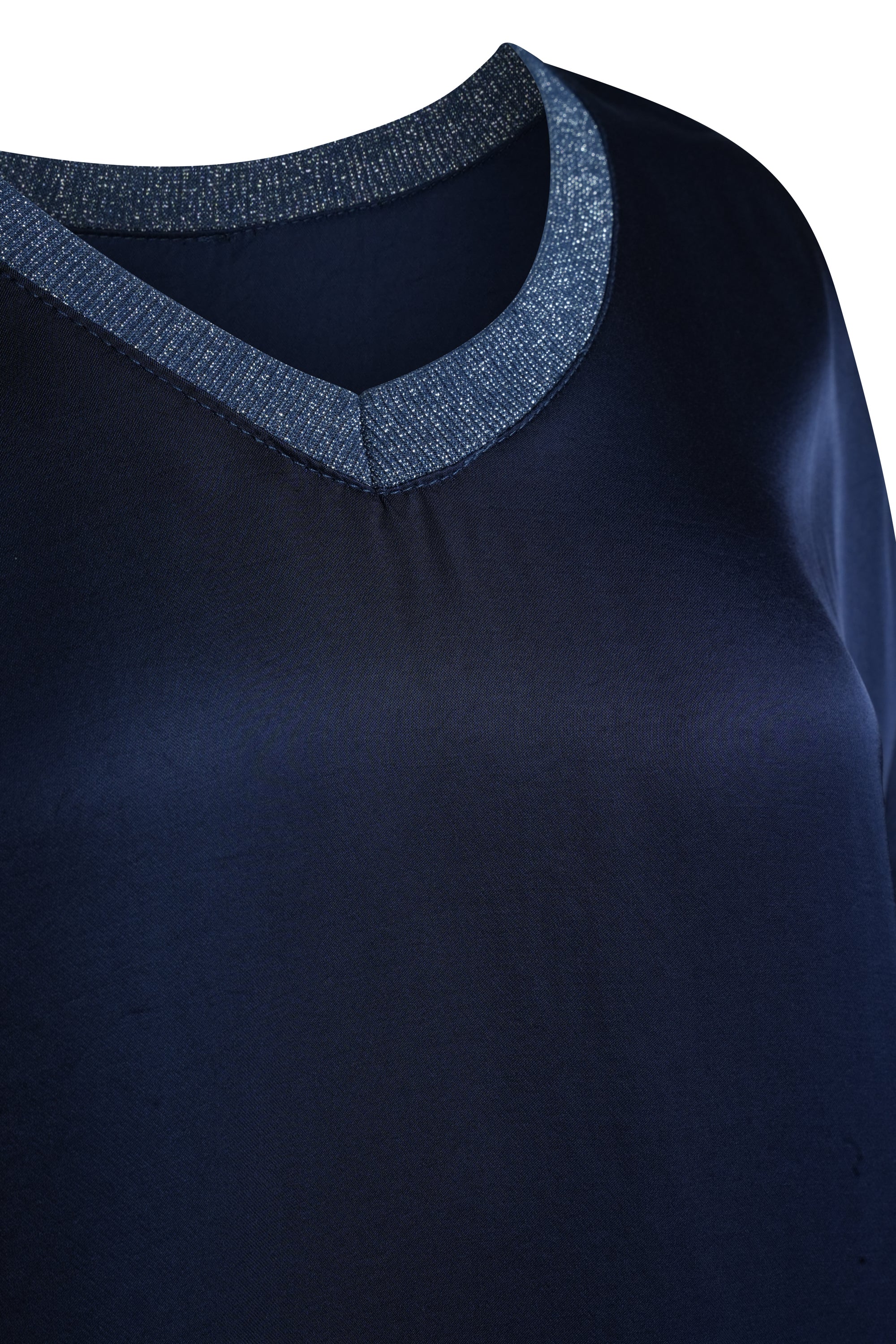 NAVY SILK TOP LONG SLEEVES WITH COTTON NECK TRIM