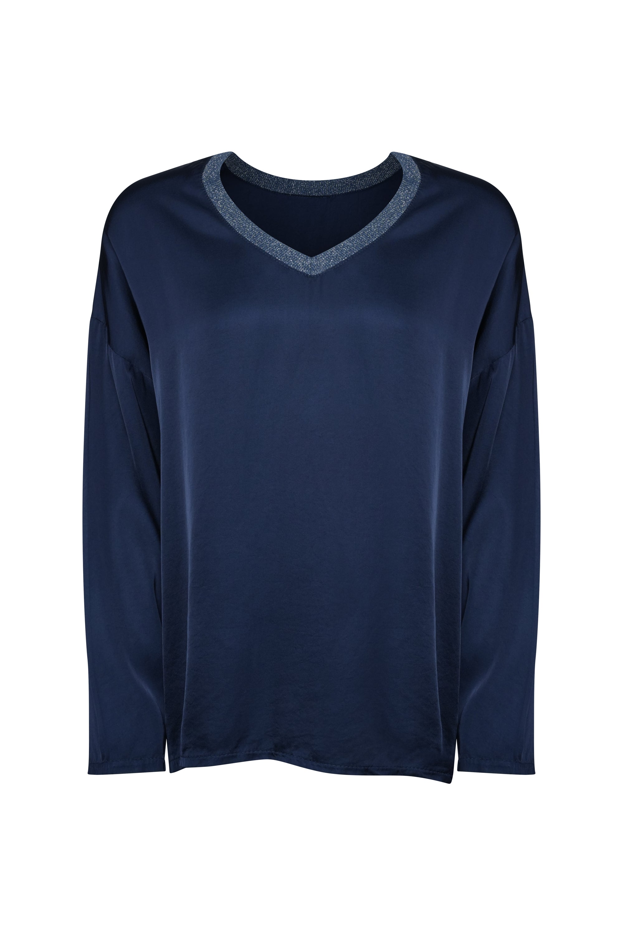 NAVY SILK TOP LONG SLEEVES WITH COTTON NECK TRIM