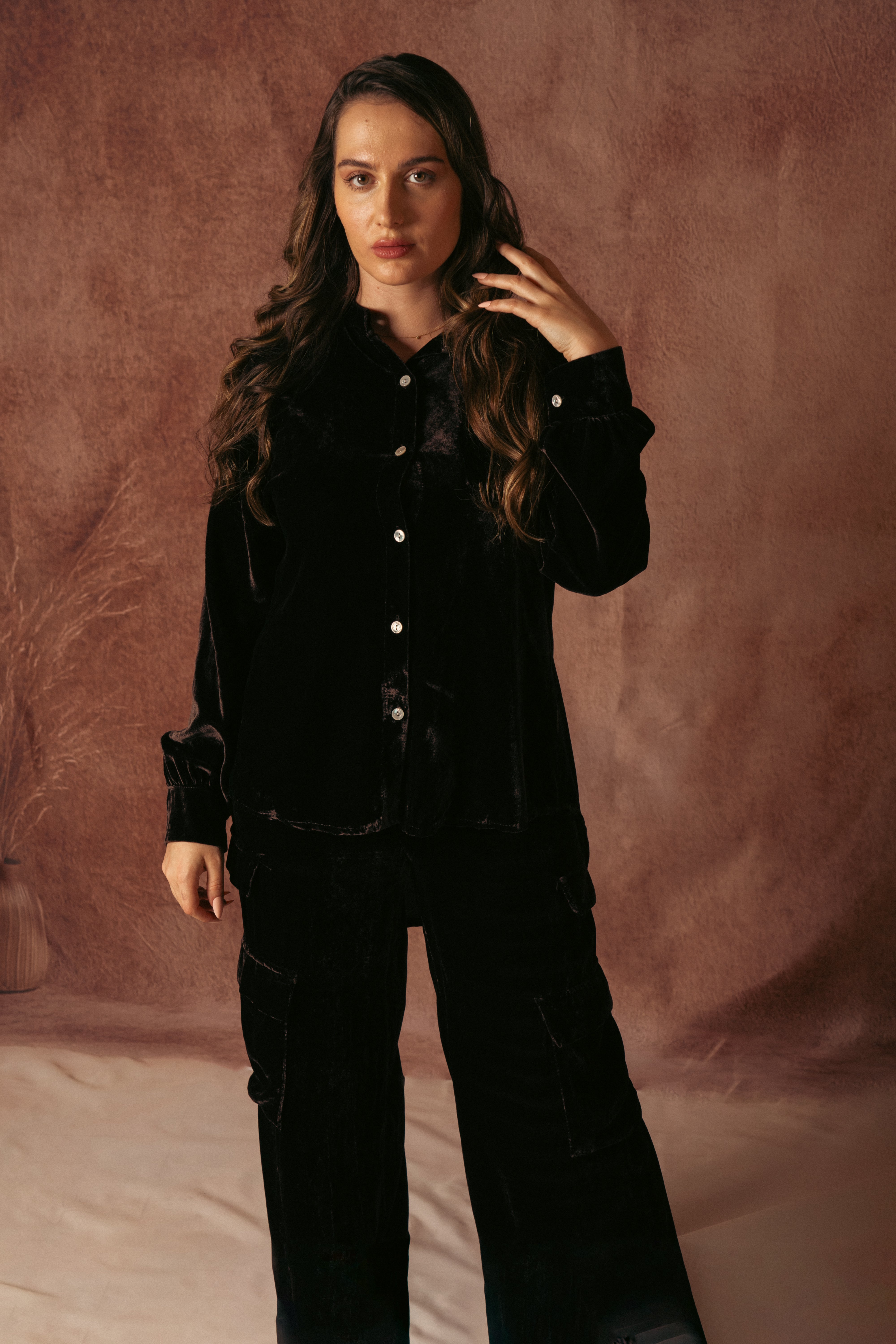 BLACK VELVET SHIRT SET WITH VELVET PANTS