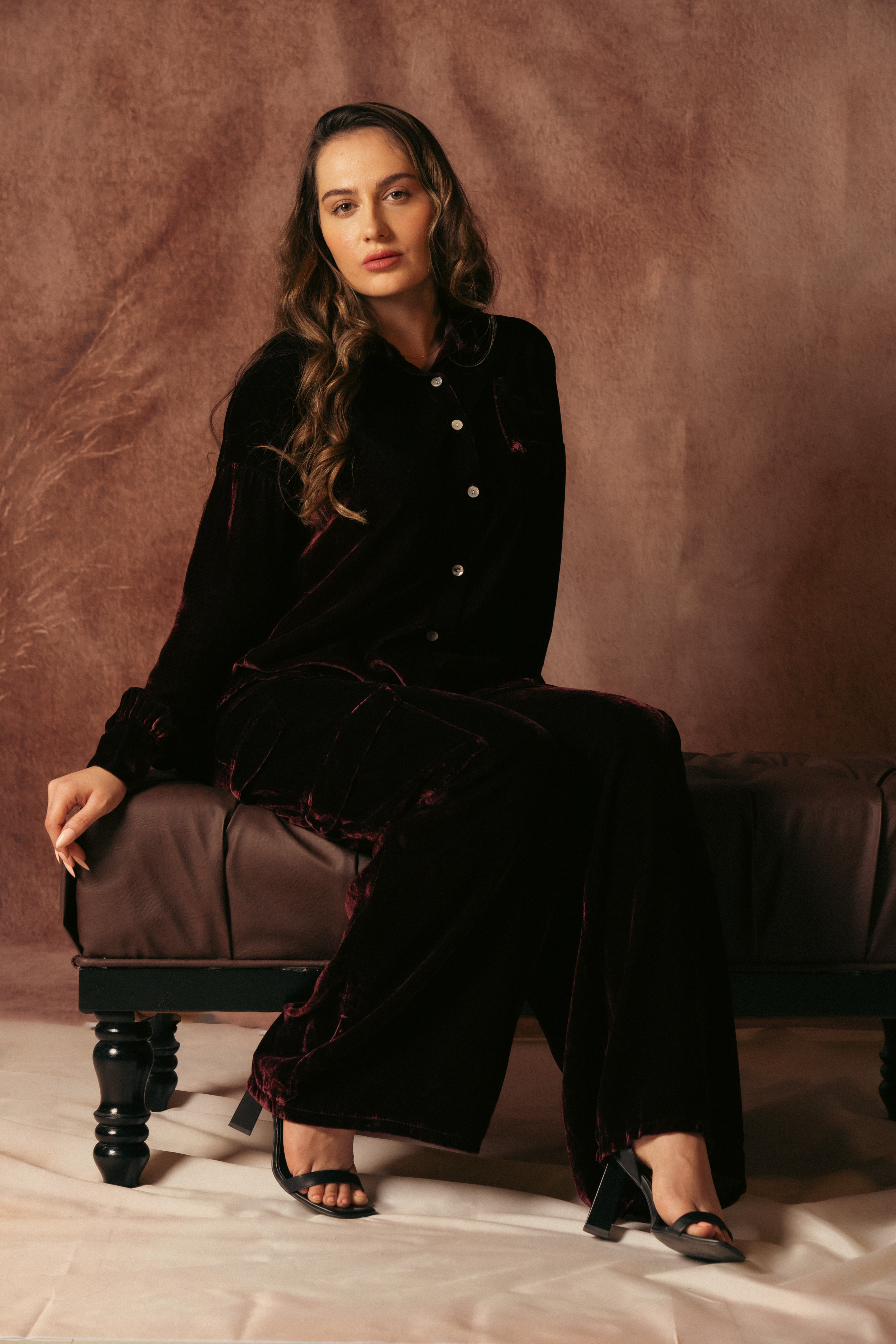 BURGUNDY VELVET SHIRT SET WITH VELVET PANTS