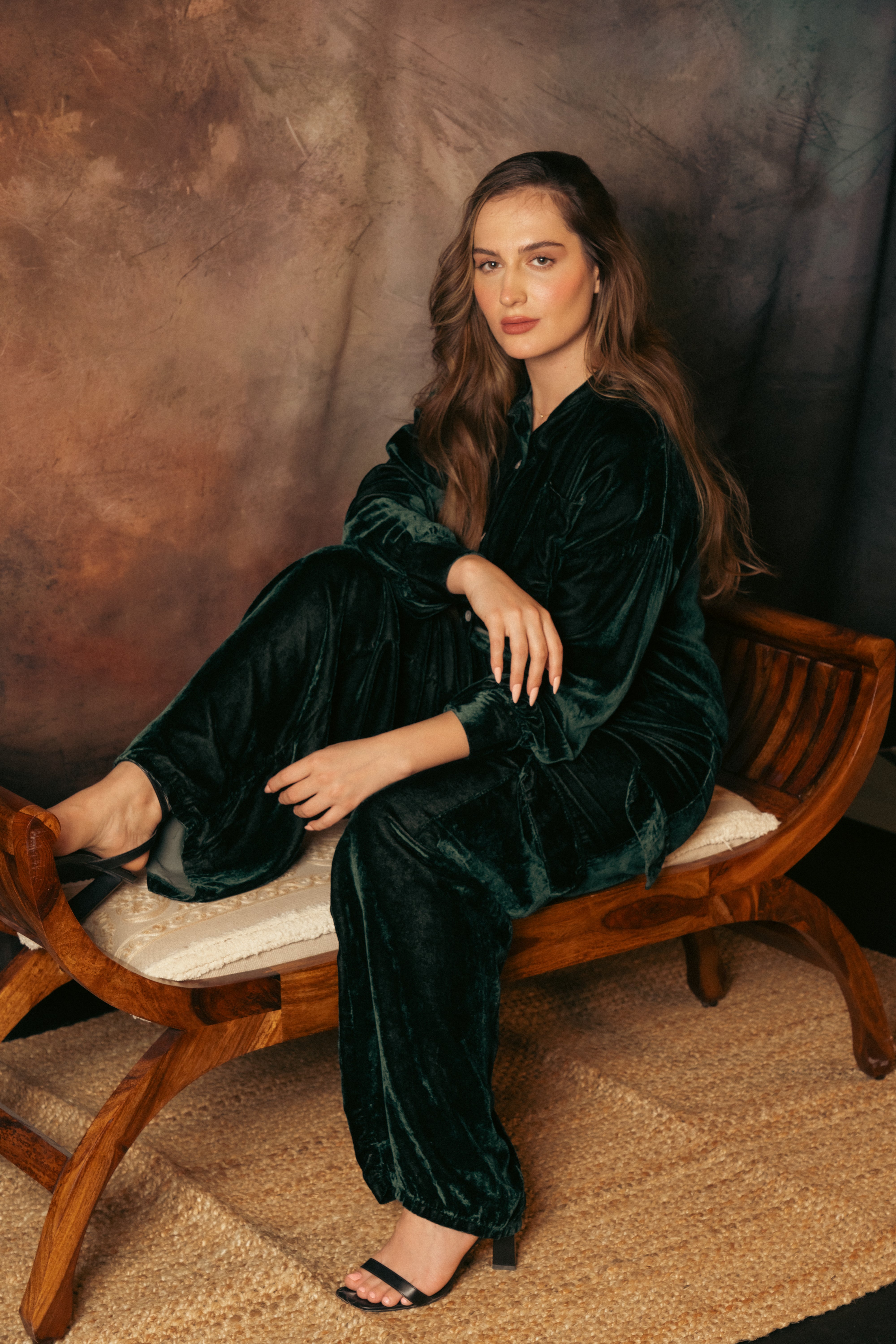 GREEN VELVET SHIRT SET WITH VELVET PANTS