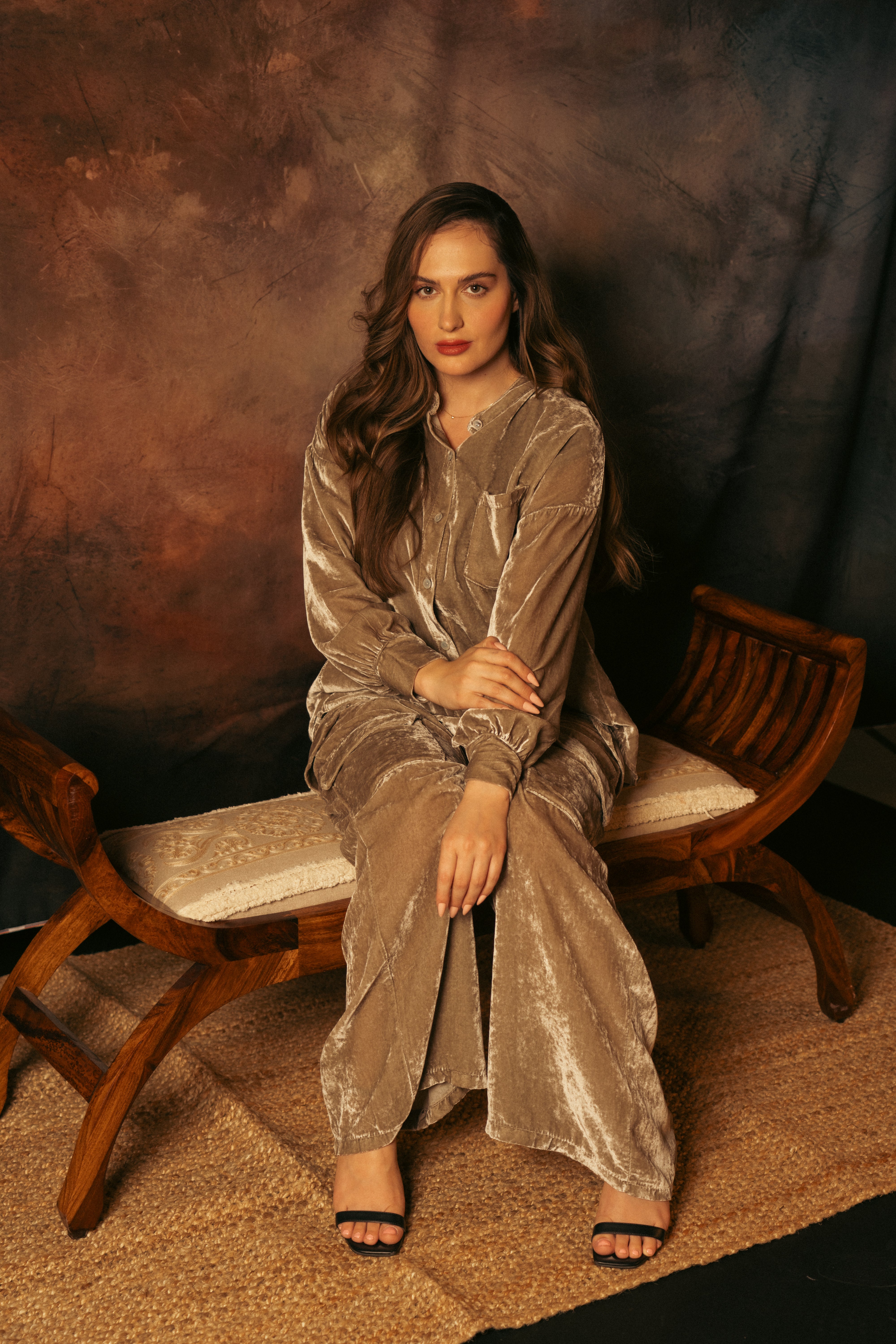 TAUPE VELVET SHIRT SET WITH VELVET PANTS