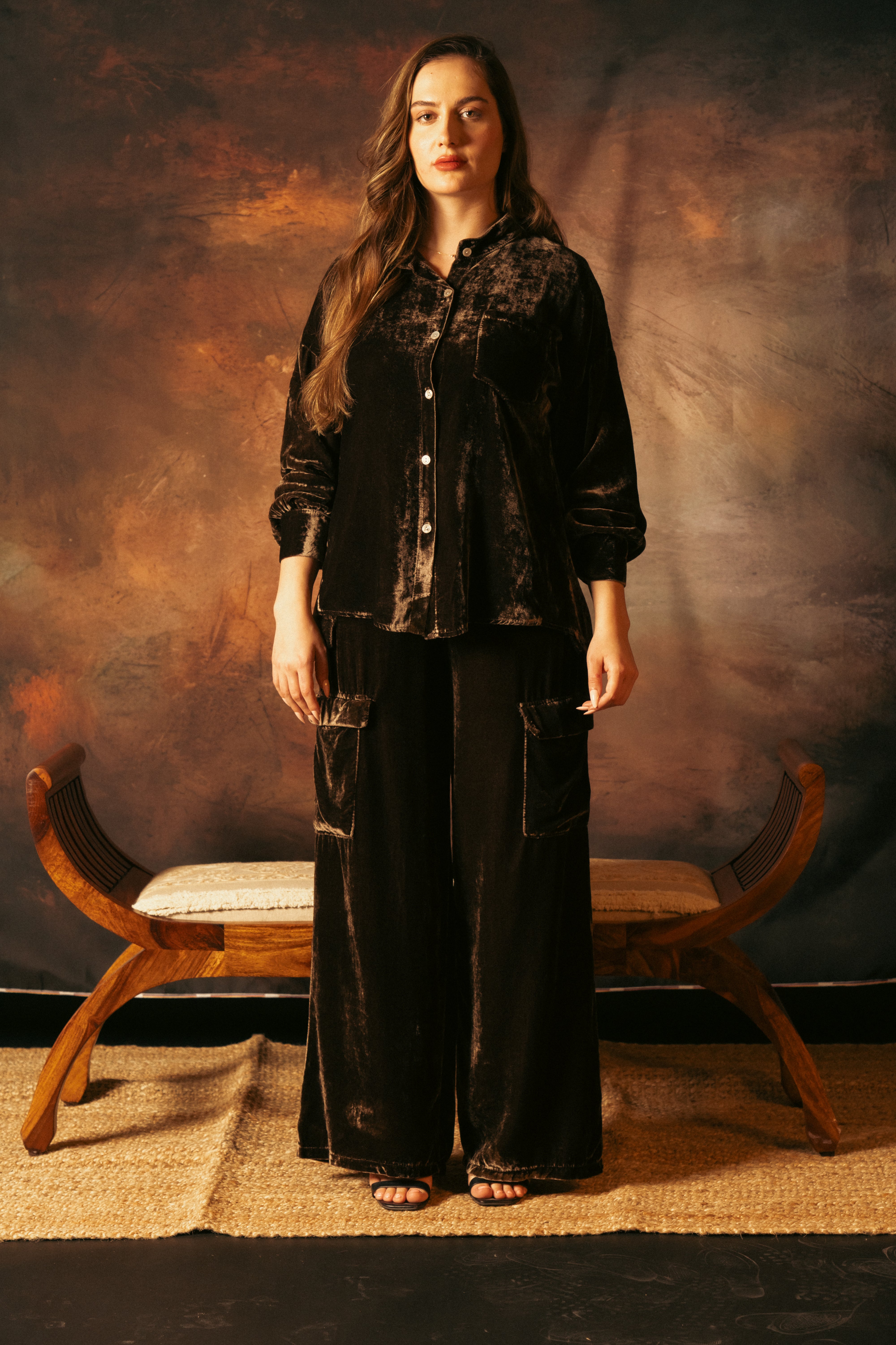 BROWN VELVET SHIRT SET WITH VELVET PANTS