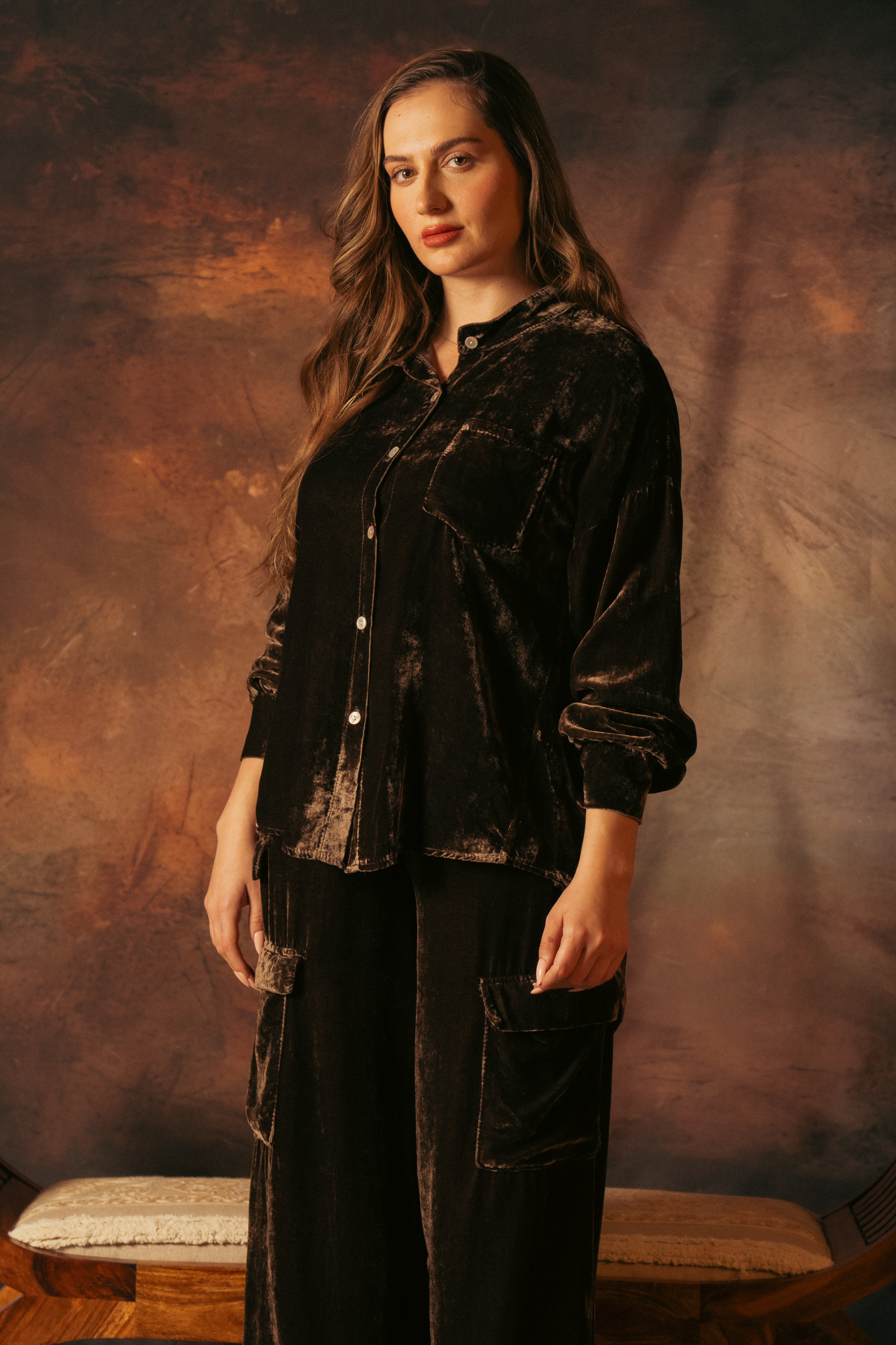 BROWN VELVET SHIRT SET WITH VELVET PANTS