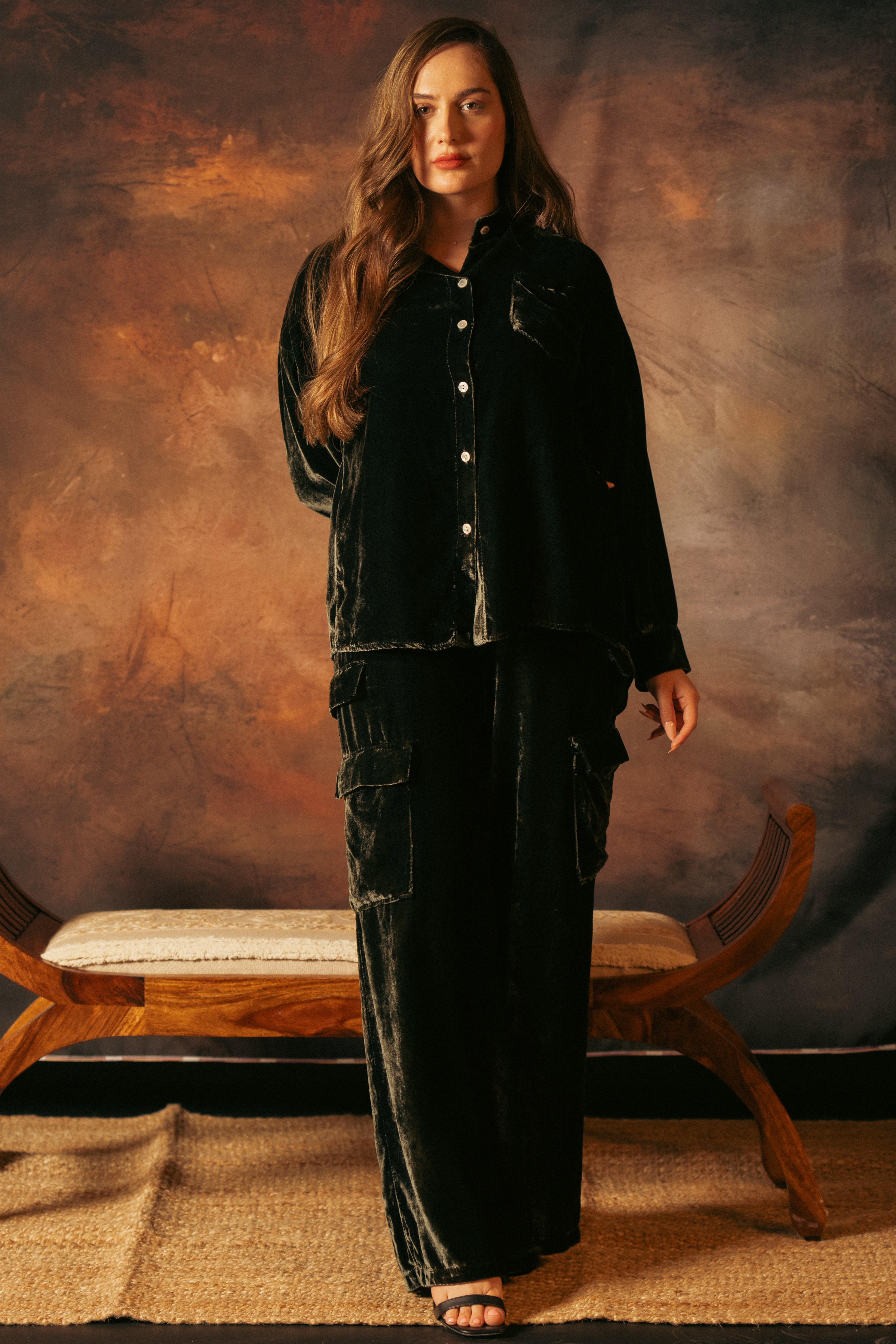 ARMY VELVET SHIRT SET WITH VELVET PANTS